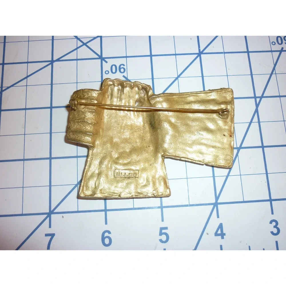Vintage Signed ELLE Kimono Brooch Pin Gold‎ Tone & Burgundy Enamel 1980s